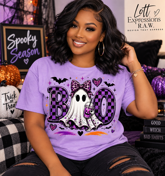 Purple Boo Ghost Halloween T-Shirt | Leopard Bow & Checkered Boo