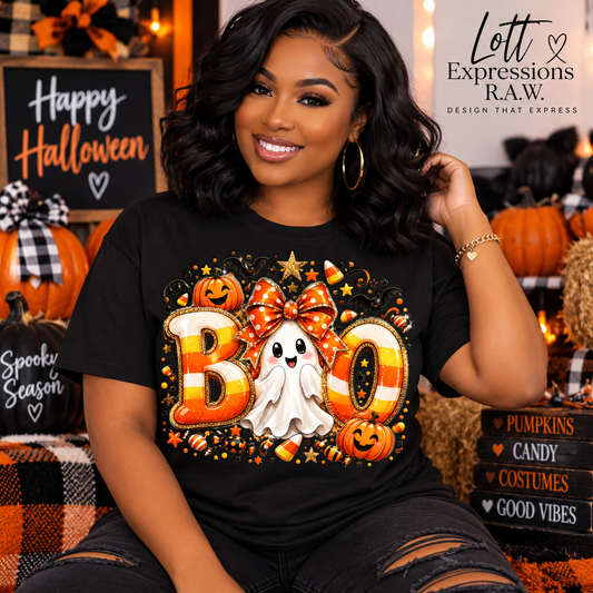 Candy Corn Boo Ghost Halloween T-Shirt | Cute Ghost & Pumpkin Tee