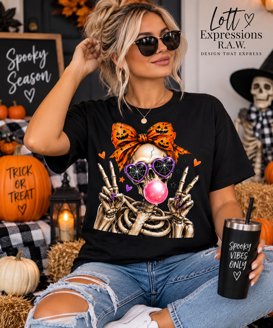 Sassy Skeleton Halloween T-Shirt | Pumpkin Bow & Bubblegum Skull Tee
