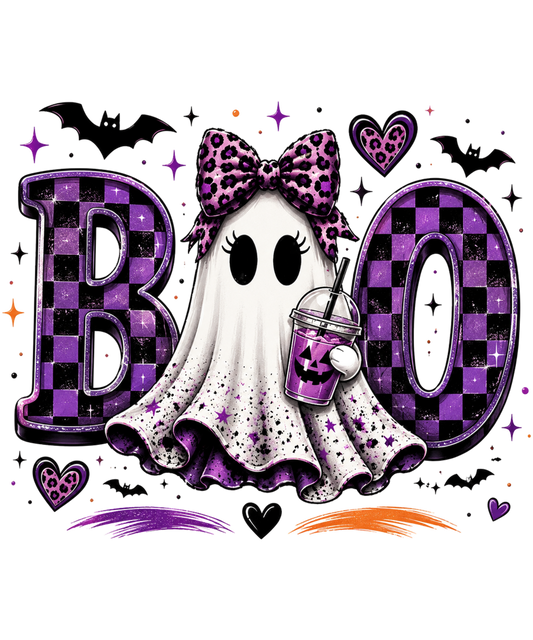 Purple Boo Ghost Halloween PNG | Leopard Bow & Checkered Boo Digital Download