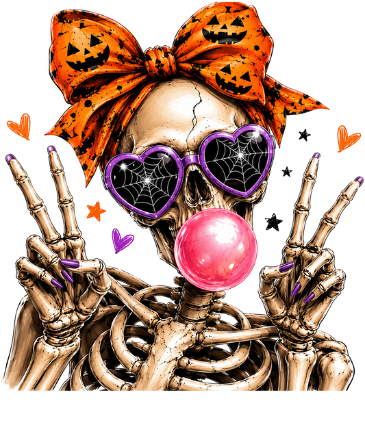 Sassy Skeleton Halloween PNG | Bubblegum Skull Pumpkin Bow Digital Download